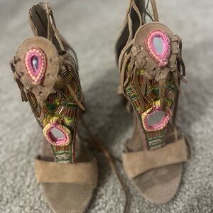 Sam Edelman Yvette Ankle Wrap Beaded Fringe Embellished Boho Sandal Heel-7.5